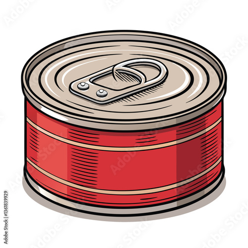 Create a vector illustration of a round can of corned beef, featuring bold, graphic strokes and a vibrant color palette.  Emphasize strong lines and impactful design.