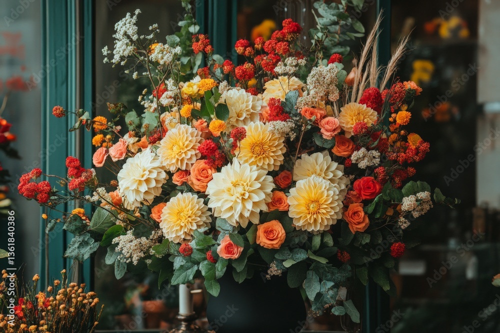 Fototapeta premium Bright floral arrangement featuring dahlias and roses in a charming flower shop during autumn