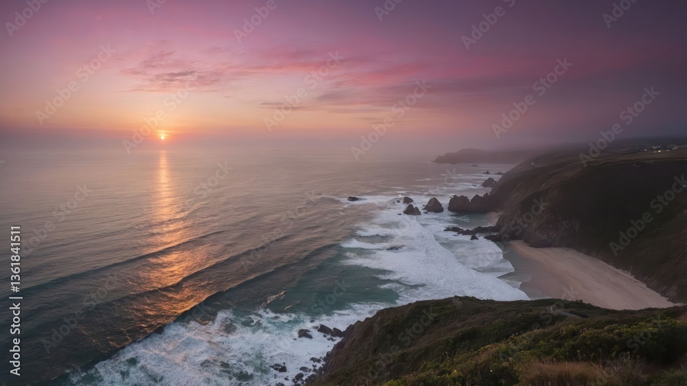 Fototapeta premium A serene coastal sunset with waves crashing against the shore, creating a tranquil atmosphere.