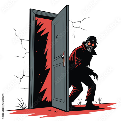 Design a vector illustration of a shadowy, mysterious figure using bold, dark strokes,  emphasizing strong contrasts and a slightly grunge aesthetic.