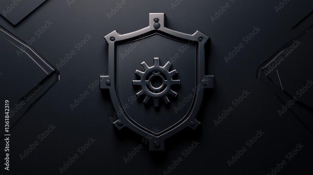 Obraz premium 3D shield with gear, dark background, technology concept, digital art, protection, security, for website or presentation