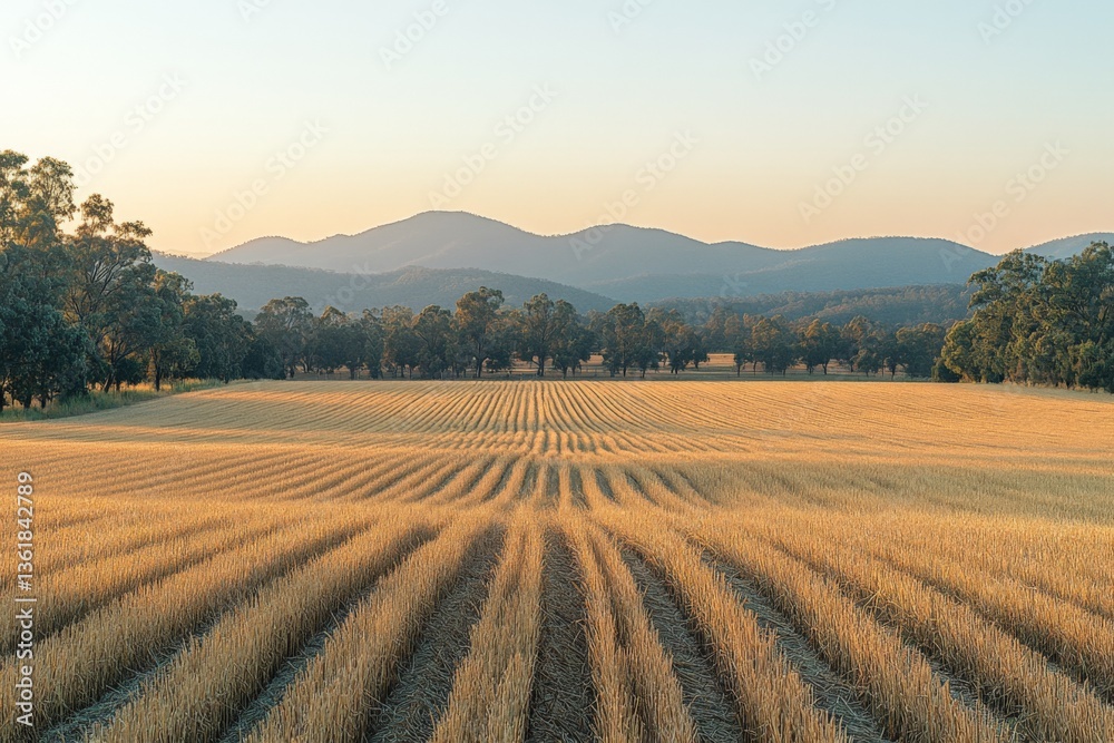 Golden fields stretch across the landscape during sunset near rolling mountains and lush trees Golden fields stretch across the landscape during sunset near rolling mountains and lush trees