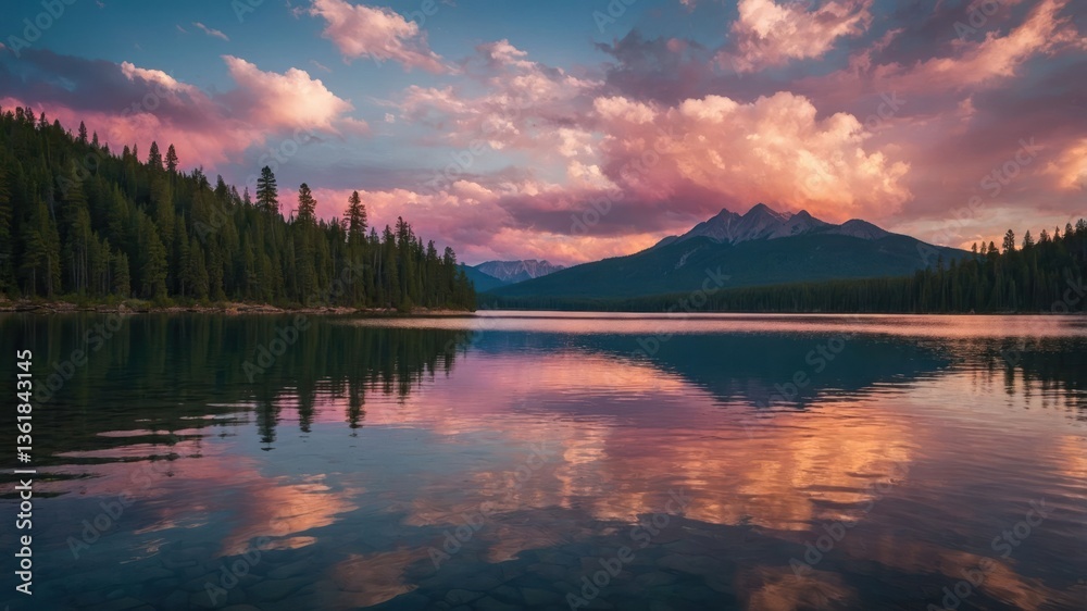 Fototapeta premium A serene lake at sunset, reflecting colorful clouds and mountains, surrounded by lush trees.