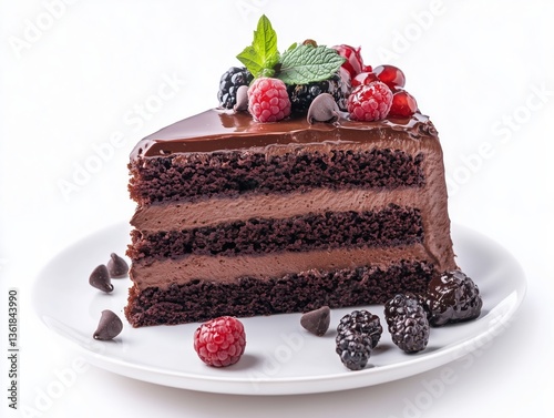 Side view of a perfect piece of delicious dark brown chocolate cake dessert on a plate decorated with green tender leaves and red berries isolated on white background