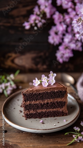 Side view of a perfect piece of delicious dark brown chocolate cake dessert on a plate decorated with pink and purple tender flowers on blurred dark brown background