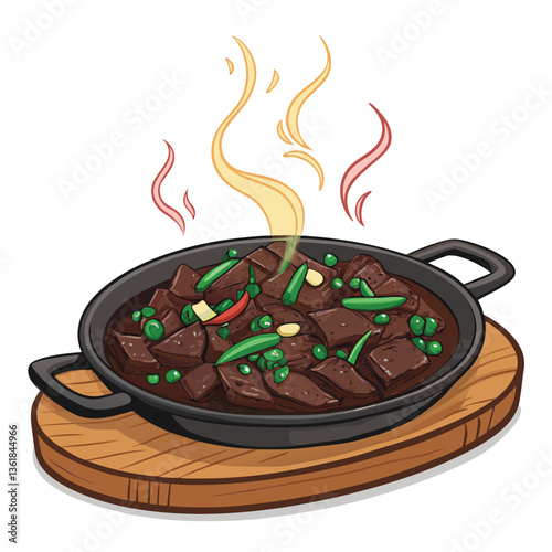 Create a bold, vector illustration of a sizzling hot plate of food, emphasizing vibrant colors and dynamic lines.
