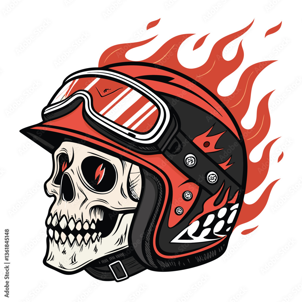 Create a vector illustration of a skull wearing a motorcycle helmet, bold black outlines, strong graphic style, high contrast. Create a vector illustration of a skull wearing a motorcycle helmet, bold black outlines, strong graphic style, high contrast.