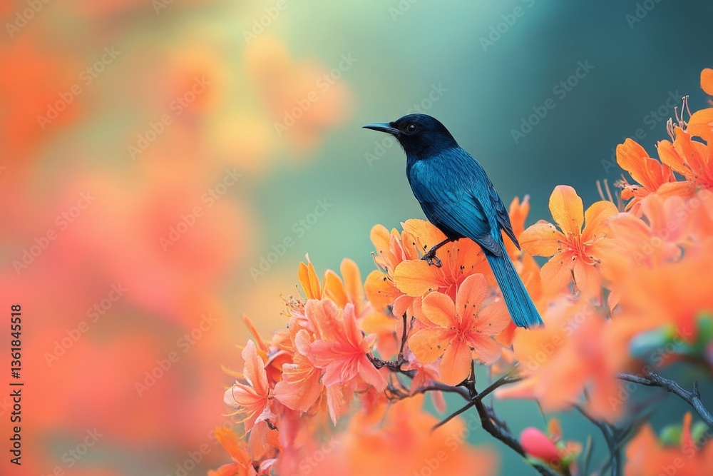 Fototapeta premium Colorful bird perched on vibrant orange flowers in a lush garden during springtime illumination