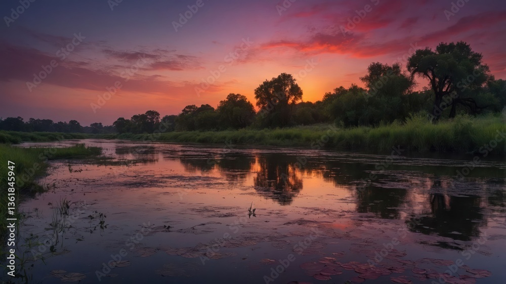 Obraz premium A serene river landscape at sunset, reflecting vibrant colors and lush greenery.