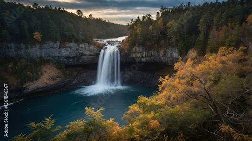 A serene waterfall cascades into a tranquil pool, surrounded by lush greenery and autumn foliage.