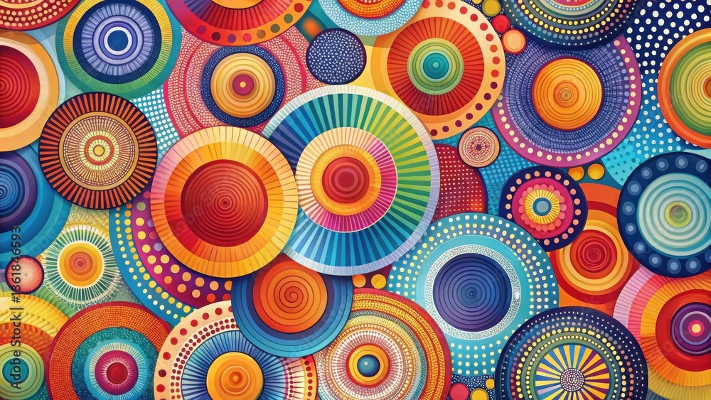 Vibrant Circular Abstract Design Featuring Overlapping Concentric Rings in a Kaleidoscope of Colors Vibrant Circular Abstract Design Featuring Overlapping Concentric Rings in a Kaleidoscope of Colors
