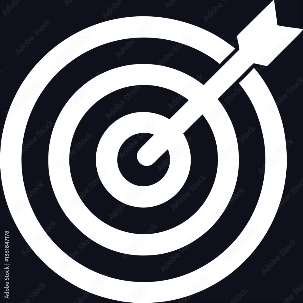 Target icon with arrow hitting the center, bullseye symbol in white on black background, vector design Target icon with arrow hitting the center, bullseye symbol in white on black background, vector design
