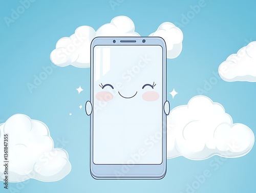 Happy smartphone cartoon in sky.