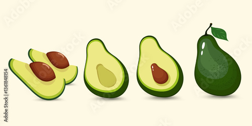 A fresh avocado with a dark green textured peel is displayed alongside different cross-sections, highlighting its smooth interior and nutritious seed.

 vector, illustration