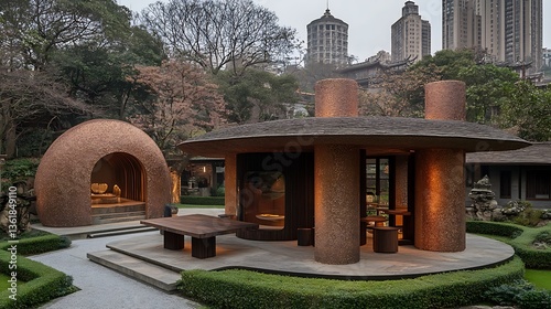 Modern Asian garden pavilion with unique architecture.