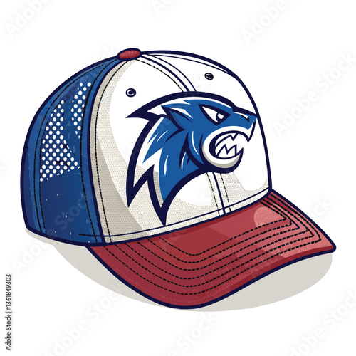 Create a vector illustration of a sporty trucker hat using bold, impactful strokes.  Design should be clean and modern.