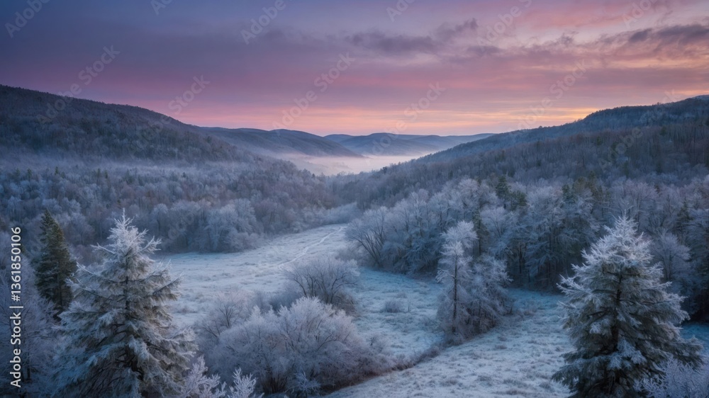 A serene winter landscape with frosted trees and a misty valley at dawn. A serene winter landscape with frosted trees and a misty valley at dawn.