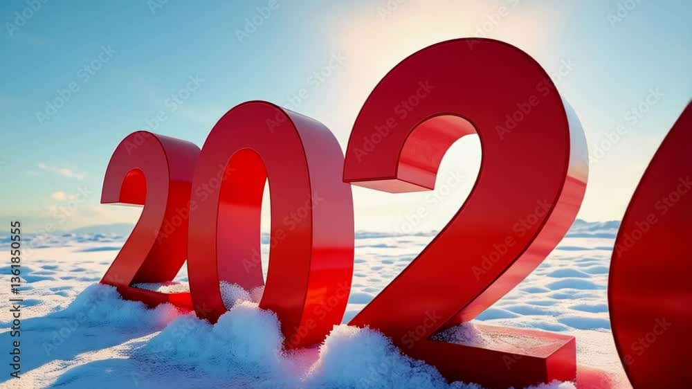 Bright red numbers representing the year 2026 stand prominently on a snow-covered landscape as the sun shines brightly, creating a warm glow against the cold snowy background