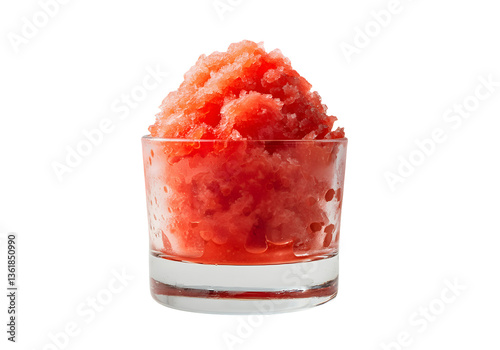 A refreshing watermelon granita served in a clear glass, hovering against a solid white background.