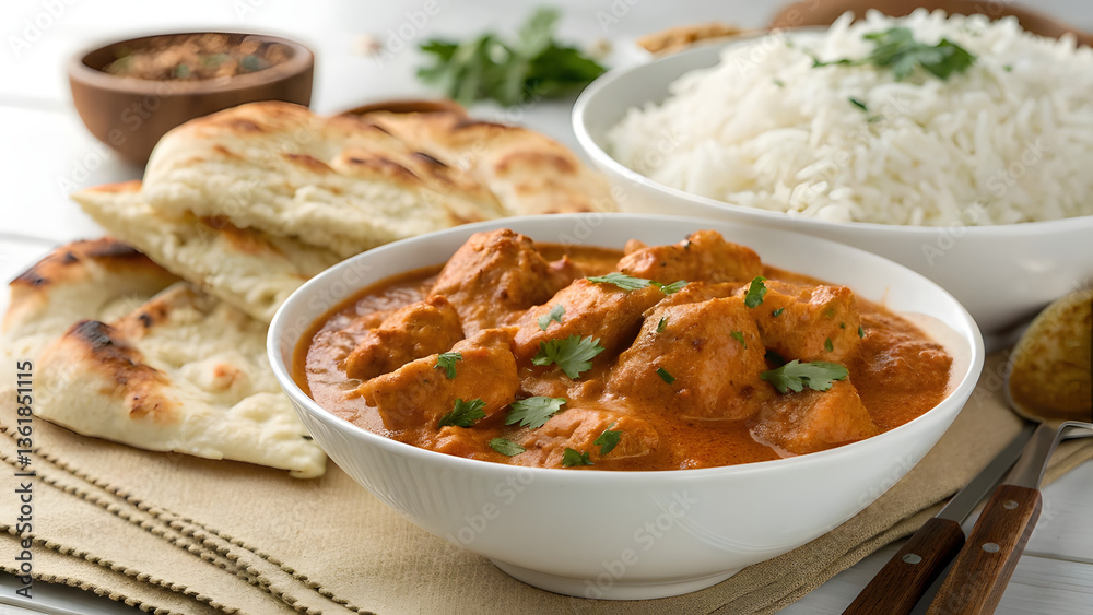 Authentic Indian Butter Chicken with Naan and Basmati Rice. Perfect for: Diwali, Indian weddings, Indian restaurants Authentic Indian Butter Chicken with Naan and Basmati Rice. Perfect for: Diwali, Indian weddings, Indian restaurants