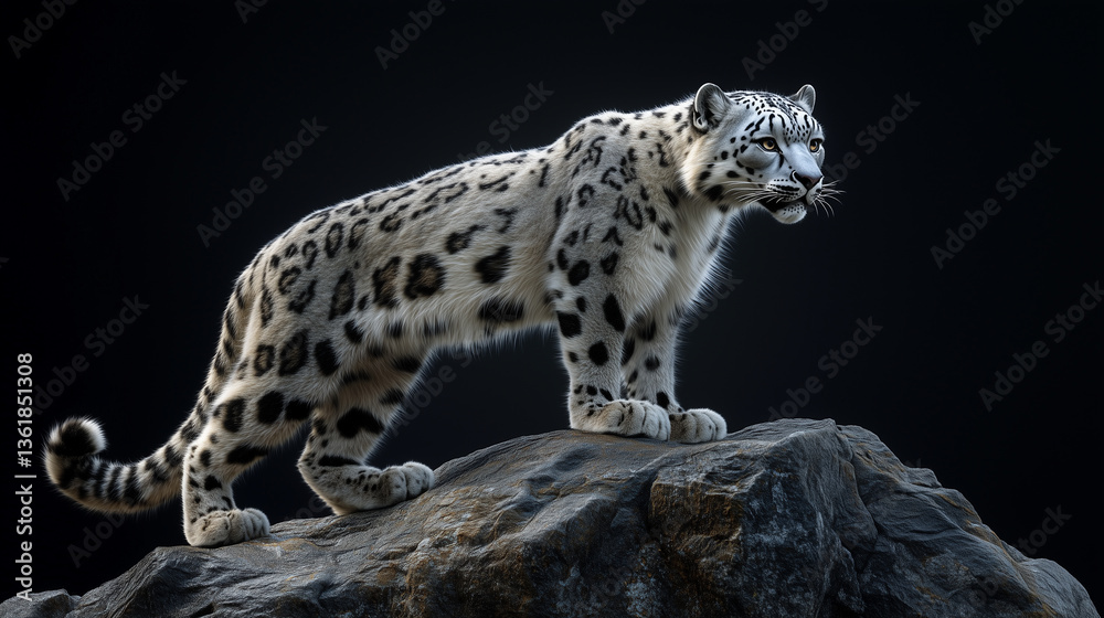 Obraz premium The quiet seat of the royal snow leopard, snow leopard: sitting like a king, snow leopard on the throne of the white king, the royal splendor of the snow leopard