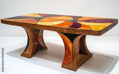Low coffee table with a multicolored inlaid top and curved legs. The top features geometric patterns in warm tones of orange, brown, and purple. The legs are dark brown with similar inlaid designs