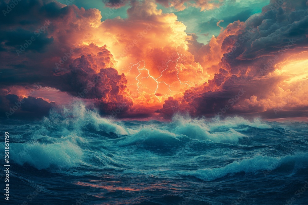 Fototapeta premium Dramatic sunset over turbulent ocean with striking lightning bolts illuminating dark clouds