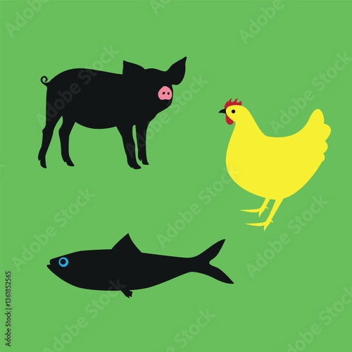 A set of simple graphic animals which is chicken, pig and fish.