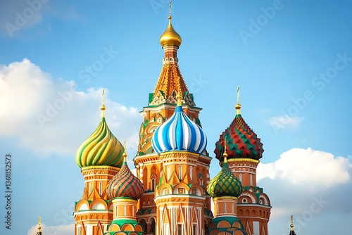 Colorful domes of Saint Basil's Cathedral in Moscow with blue sky background, travel photography