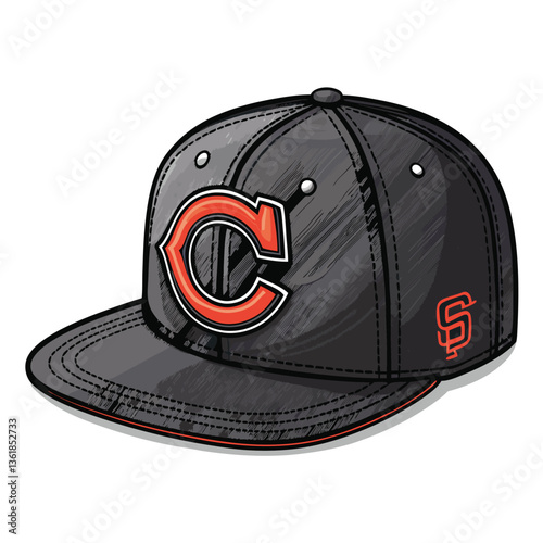 Design a stylish black snapback cap vector illustration featuring bold, impactful brush strokes.  Emphasis on a modern, edgy aesthetic.