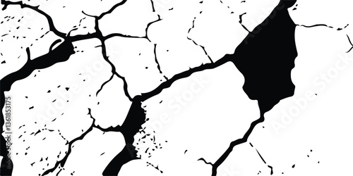 Monochrome Cracked Surface Textures for Earthquake Destruction Simulation, Featuring Detailed Damage to Land, Floor, and Wall Surfaces in Black, White, and Grey
