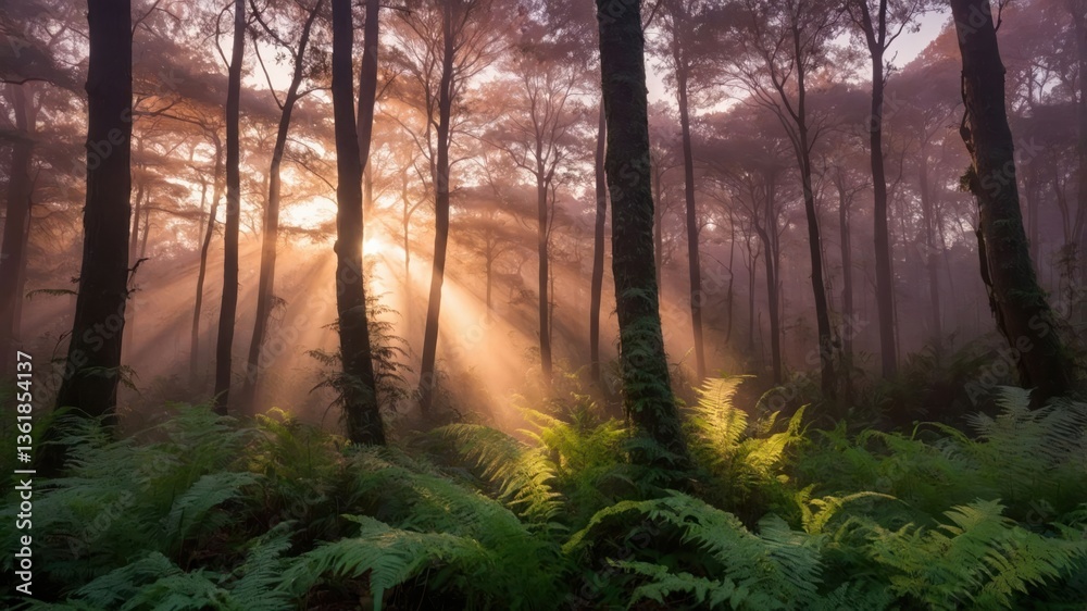 Fototapeta premium A serene forest scene with sunlight filtering through trees, illuminating ferns in a misty atmosphere.