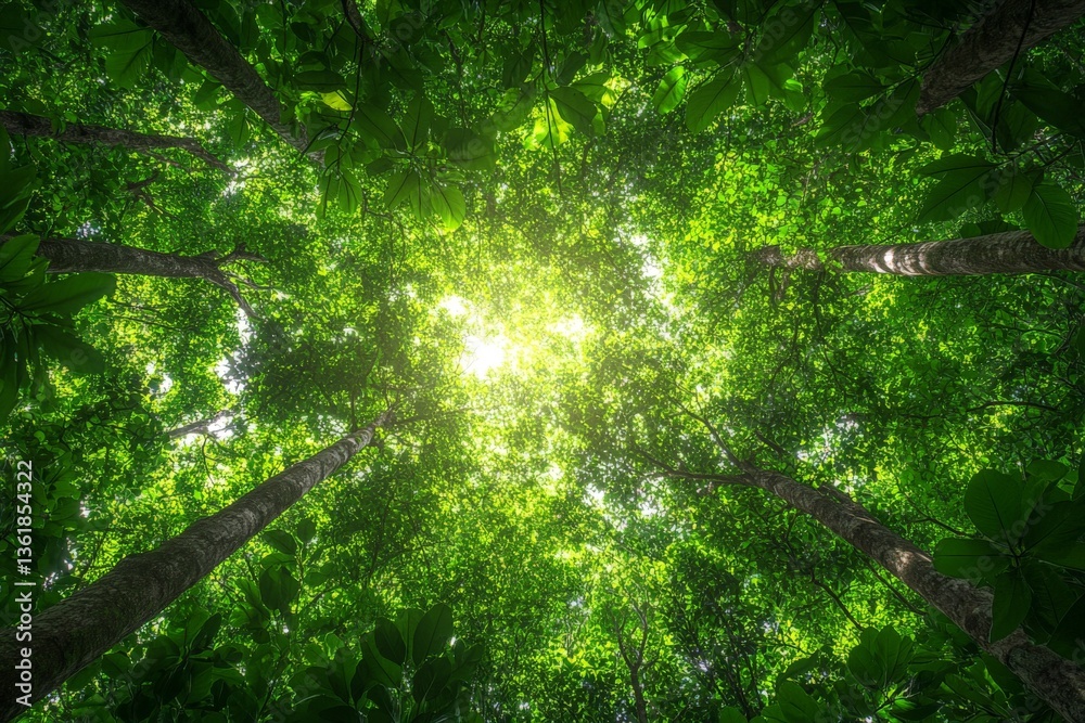 Fototapeta premium Sunlight filters through a lush green canopy in a dense forest showcasing nature's beauty and tranquility