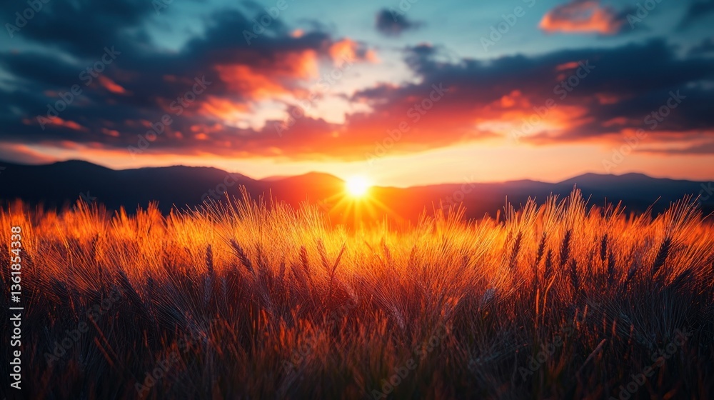 Fototapeta premium Sunset over golden wheat field with mountains behind