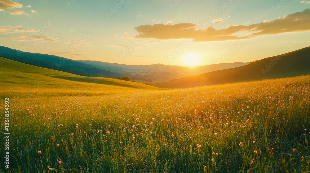 A field of grass with a sun setting in the background A field of grass with a sun setting in the background
