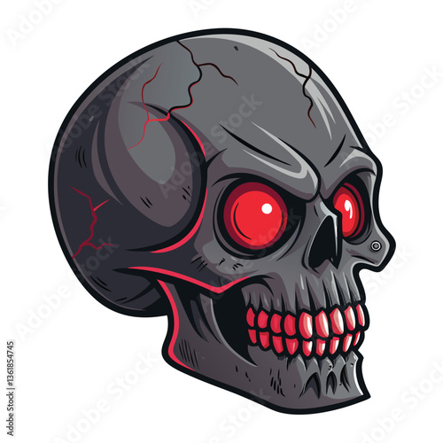 Create a bold, vector illustration of a terrifying skull with exaggerated features.  Emphasize dramatic lighting and stark contrasts.