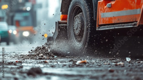 A close-up of a street sweeper removing dust 