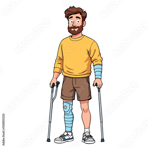 Smiling man standing with crutches and bandages recovering from injury