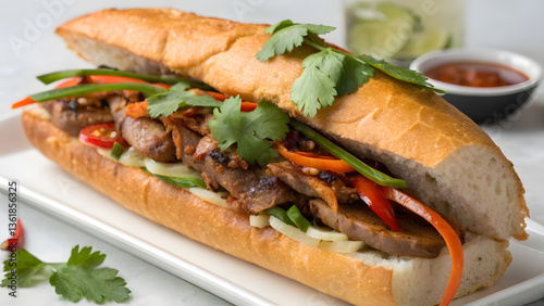 Vietnamese Banh Mi with Grilled Pork and Pickled Vegetables. Perfect for: Vietnamese street food festivals, Breakfast menus, Banh mi restaurants