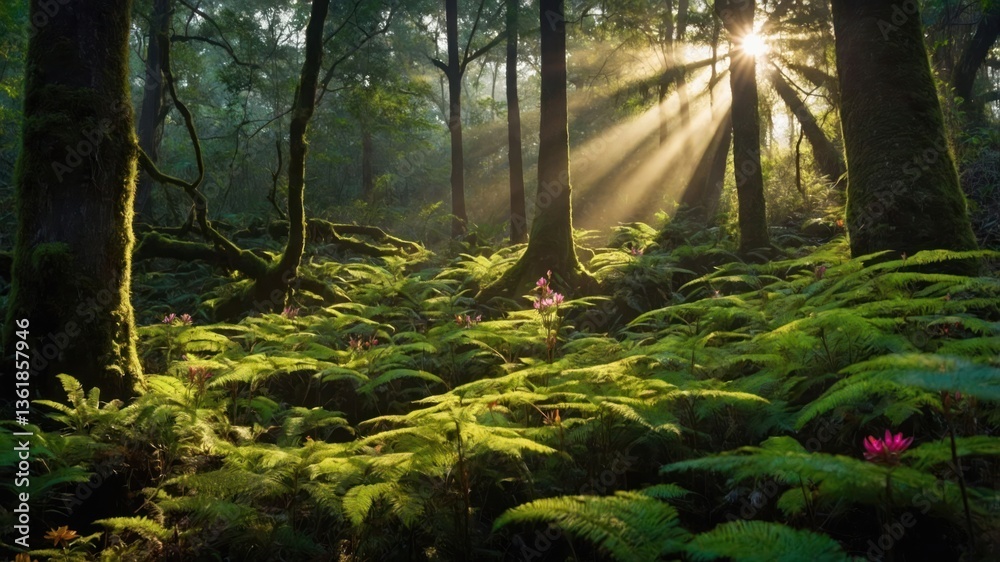 Fototapeta premium A serene forest scene with sunlight streaming through trees, illuminating lush ferns and flowers.
