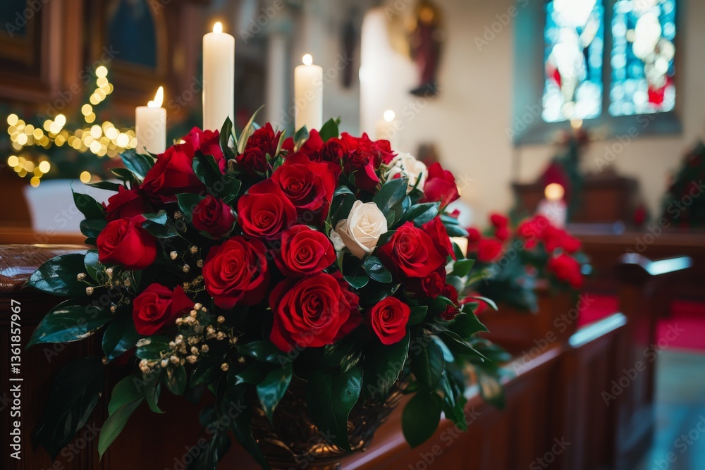 Obraz premium Elegant display of red and white roses in a church setting during a festive occasion
