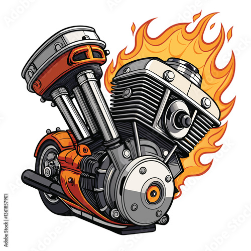 Design a bold, vector illustration of a turbocharged motorcycle engine, emphasizing powerful lines and vibrant colors.