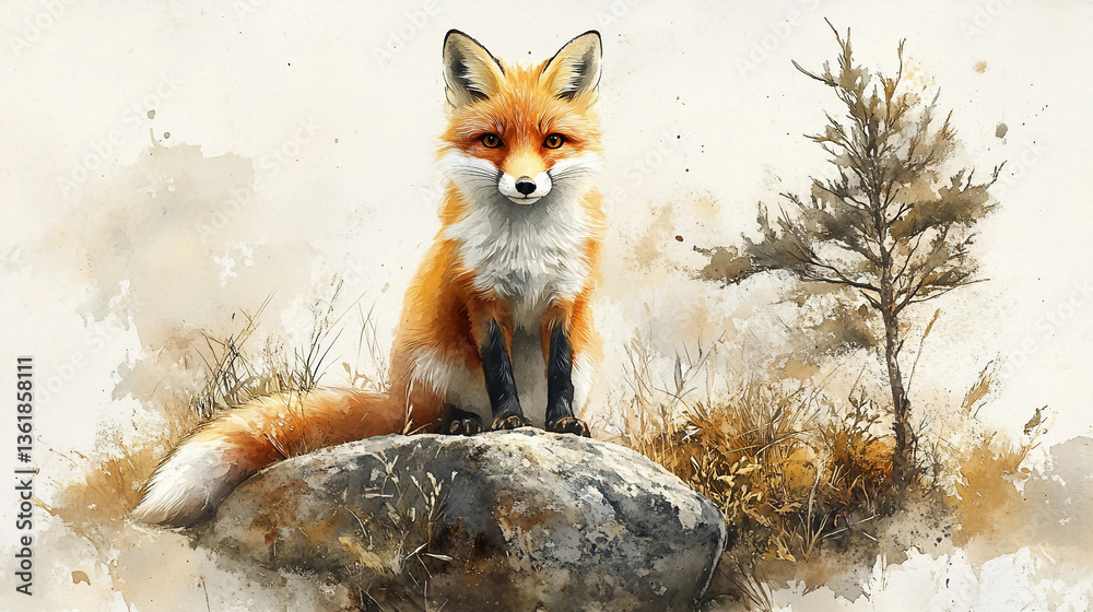 Fototapeta premium An adorable watercolor fox, peacefully sitting in a lush meadow with a large, textured rock and a small, delicate tree beside it. Suitable for marketing or business purposes