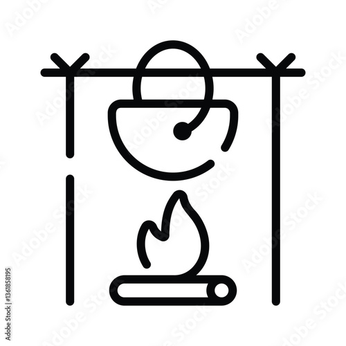 A hanging pot over a fire, symbolizing outdoor cooking and camping.