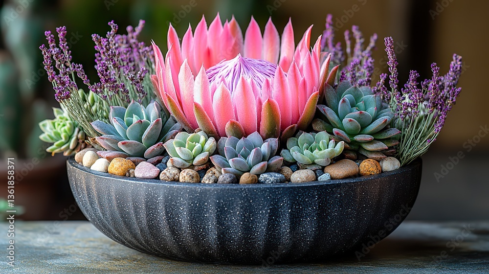 a striking arrangement in a black pedestal bowl featuring a vibrant pink cactus purple dried lavender a gray echeveria succulent,decorative stones creating a modern desert inspired display