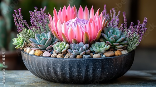 Obraz na płótnie a striking arrangement in a black pedestal bowl featuring a vibrant pink cactus purple dried lavender a gray echeveria succulent,decorative stones creating a modern desert inspired display w salonie