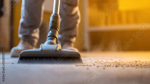 A close-up of a professional cleaner using a vacuum cleaner with a HEPA filter to remove dust and PM 2.5 particles indoors.