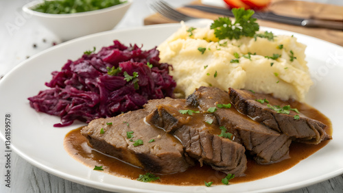 Traditional German Sauerbraten with Mashed Potatoes. Perfect for: Oktoberfest, German food festivals, Bavarian feasts