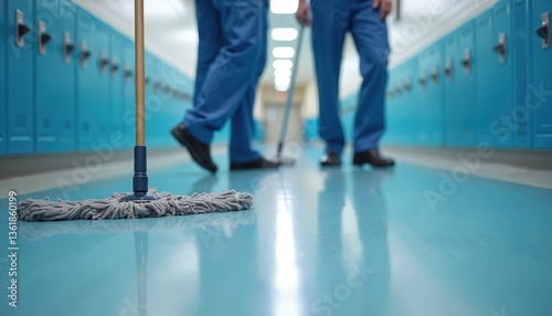 Janitorial staff members mopping school hallway with blue lockers. Cleaners in uniform at work. School building, cleaning service, cleanliness. Floor care. Hygiene concept, routine maintenance.