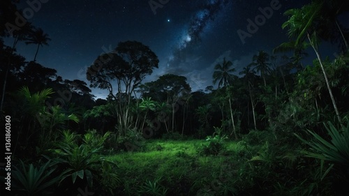 Fototapeta Naklejka Na Ścianę i Meble -  A serene night scene in a lush jungle, illuminated by stars and the Milky Way overhead.